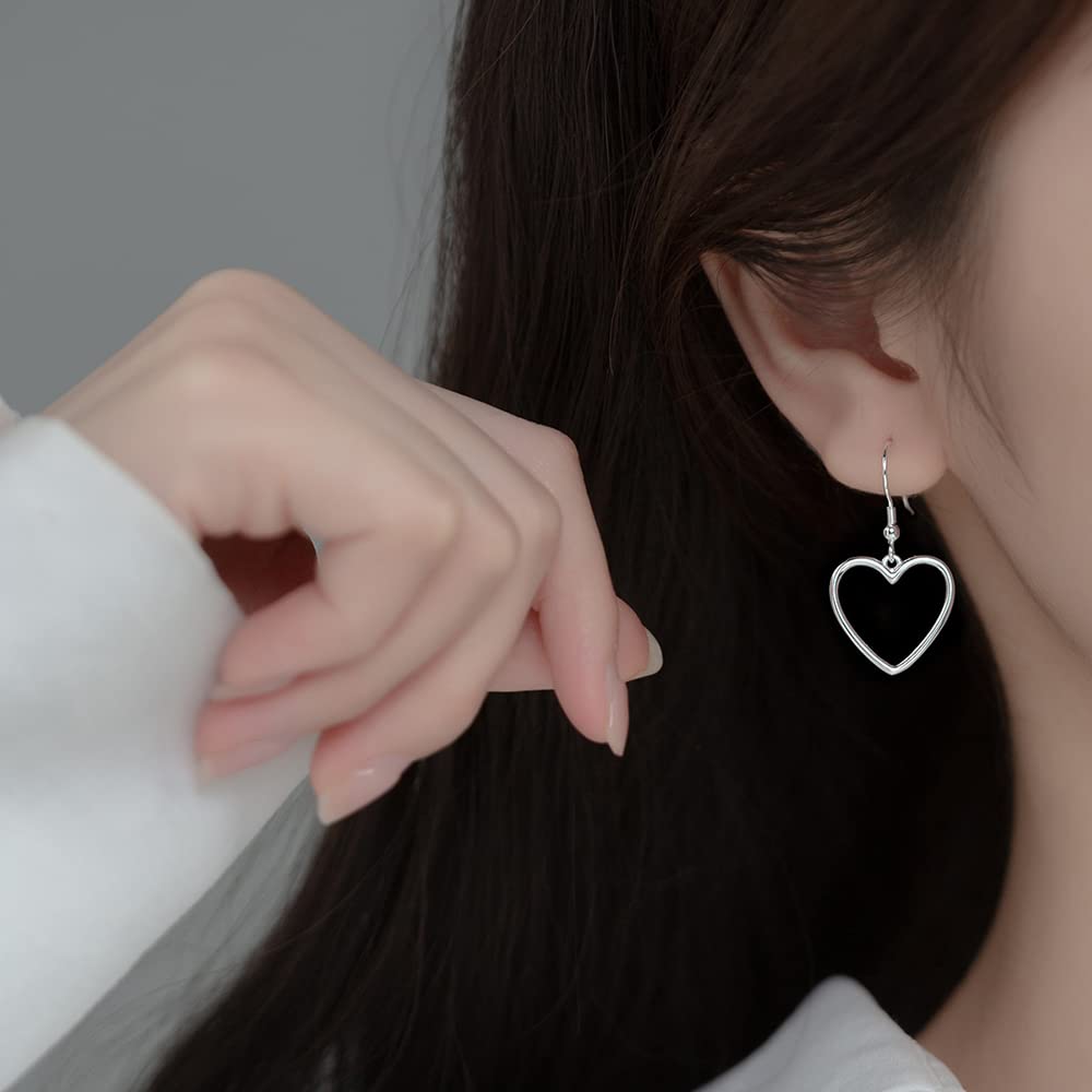 Dainty Minimalist Hollow Heart Love Small S925 Sterling Silver Plated Dangle Drop Earrings for Women Teen Girls Sensitive Ear Cute Heart Hook Dangling Hanging Hypoallergenic Wedding Fashion Jewelry