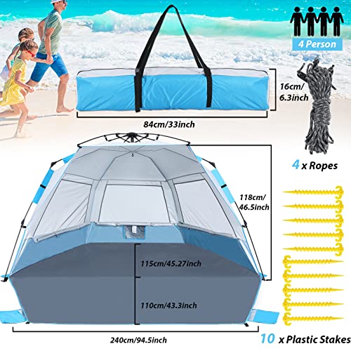 ABCCAMPING Beach Tent Instant Pop up Sun Shade Shelter for 4-6 Person with UV Protection，Extended Floor，3 Mesh Roll Up Windows with Carry Bag, Sandbags, Stakes(Sky Blue)