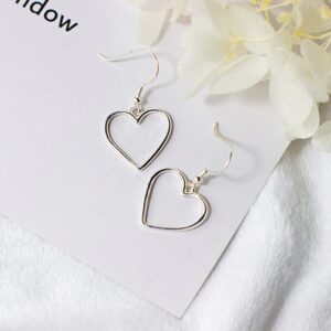 Dainty Minimalist Hollow Heart Love Small S925 Sterling Silver Plated Dangle Drop Earrings for Women Teen Girls Sensitive Ear Cute Heart Hook Dangling Hanging Hypoallergenic Wedding Fashion Jewelry