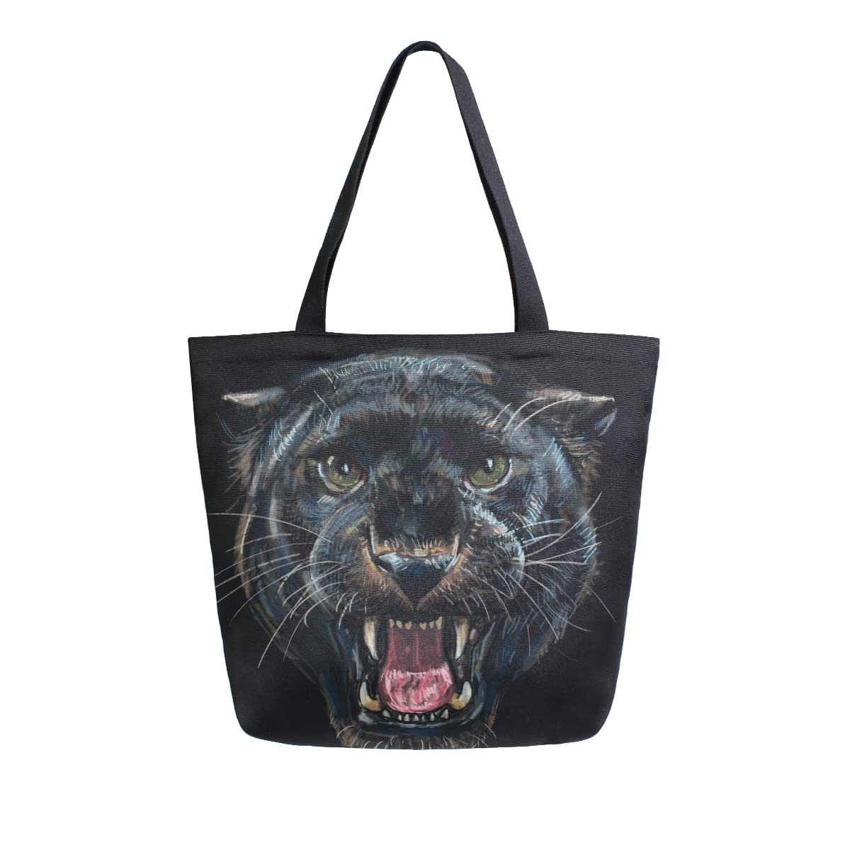 ALAZA Roaring Panther Animal Print Black Large Canvas Tote Bag Shopping Shoulder Handbag with Small Zippered Pocket