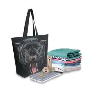 ALAZA Roaring Panther Animal Print Black Large Canvas Tote Bag Shopping Shoulder Handbag with Small Zippered Pocket