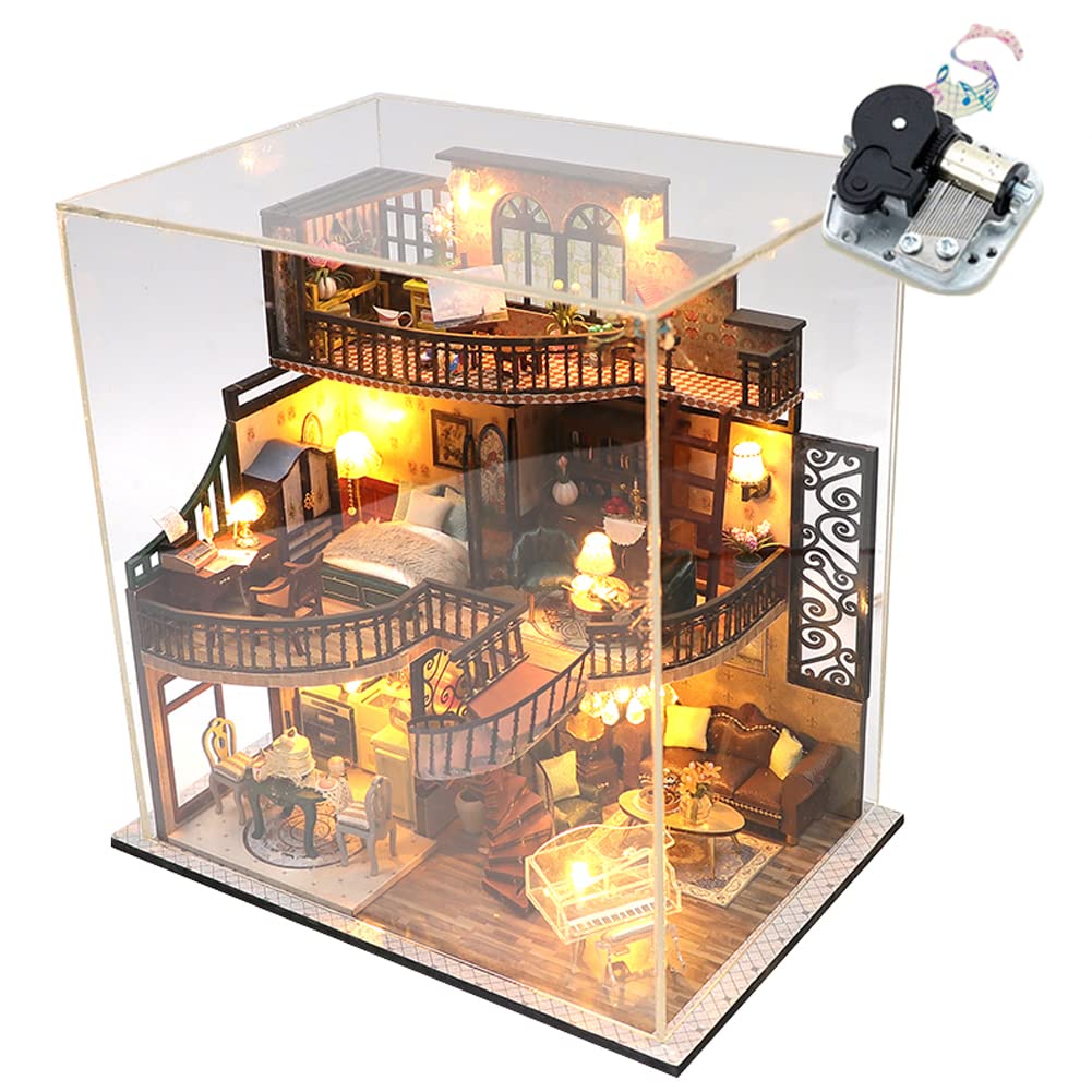 WYD Mini Doll House Kit Dream Building Pavilion Building Model DIY Mini Wooden Furniture Kit LED Lights Dust cover and Music Box Exquisite Decorations Creative Room Creative Gifts