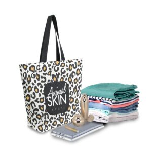 ALAZA Leopard Print Animal Skin Large Canvas Tote Bag Shopping Shoulder Handbag with Small Zippered Pocket