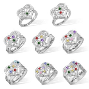 personalized 1-8 family tree of life birthstone rings 925 sterling silver heart custom engraved name mom ring mother days grandmother birthday aniversary jewelry gifts for women grandma her daughter