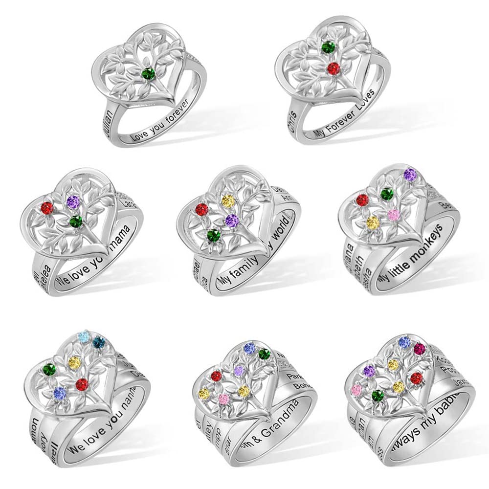 Personalized 1-8 Family Tree Of Life Birthstone Rings 925 Sterling Silver Heart Custom Engraved Name Mom Ring Mother Days Grandmother Birthday Aniversary Jewelry Gifts For Women Grandma Her Daughter