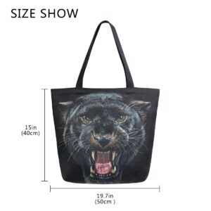 ALAZA Roaring Panther Animal Print Black Large Canvas Tote Bag Shopping Shoulder Handbag with Small Zippered Pocket