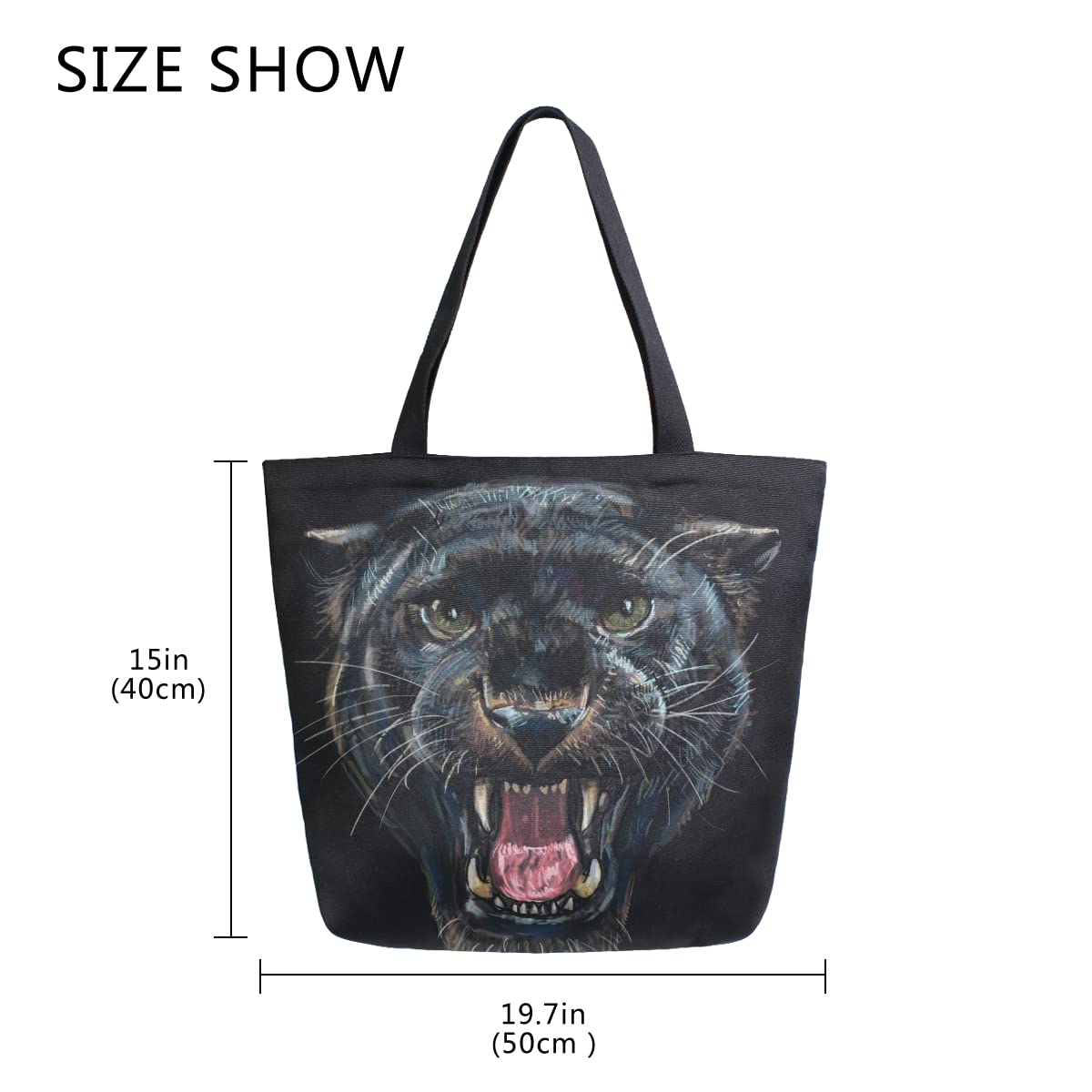 ALAZA Roaring Panther Animal Print Black Large Canvas Tote Bag Shopping Shoulder Handbag with Small Zippered Pocket