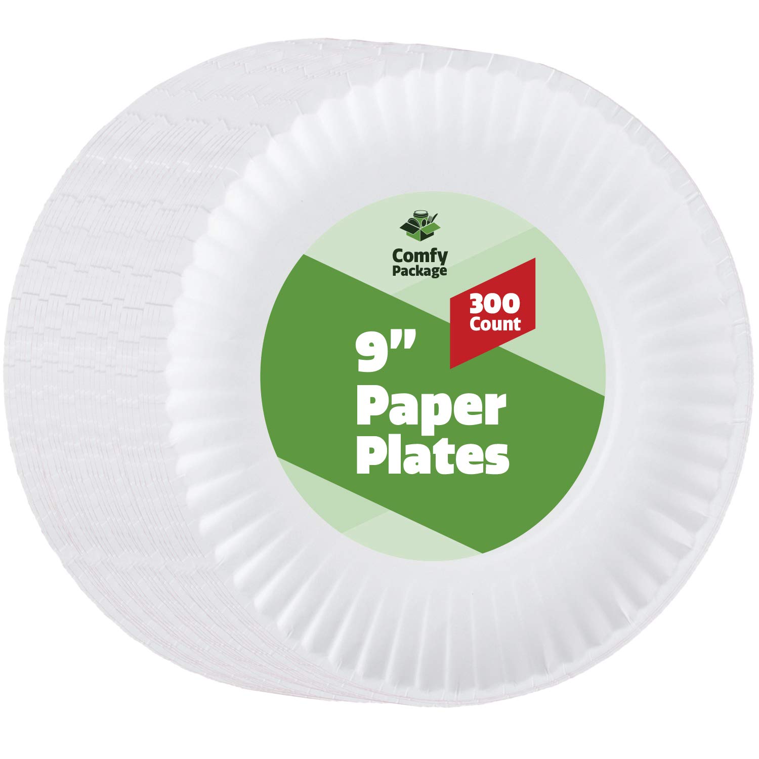 Comfy Package [Case of 300 9 Inch Uncoated White Paper Plates - Disposable Party Plates, Decorative Paper Plates for Crafts