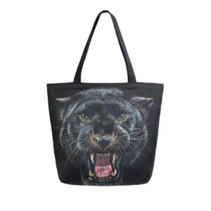 ALAZA Roaring Panther Animal Print Black Large Canvas Tote Bag Shopping Shoulder Handbag with Small Zippered Pocket