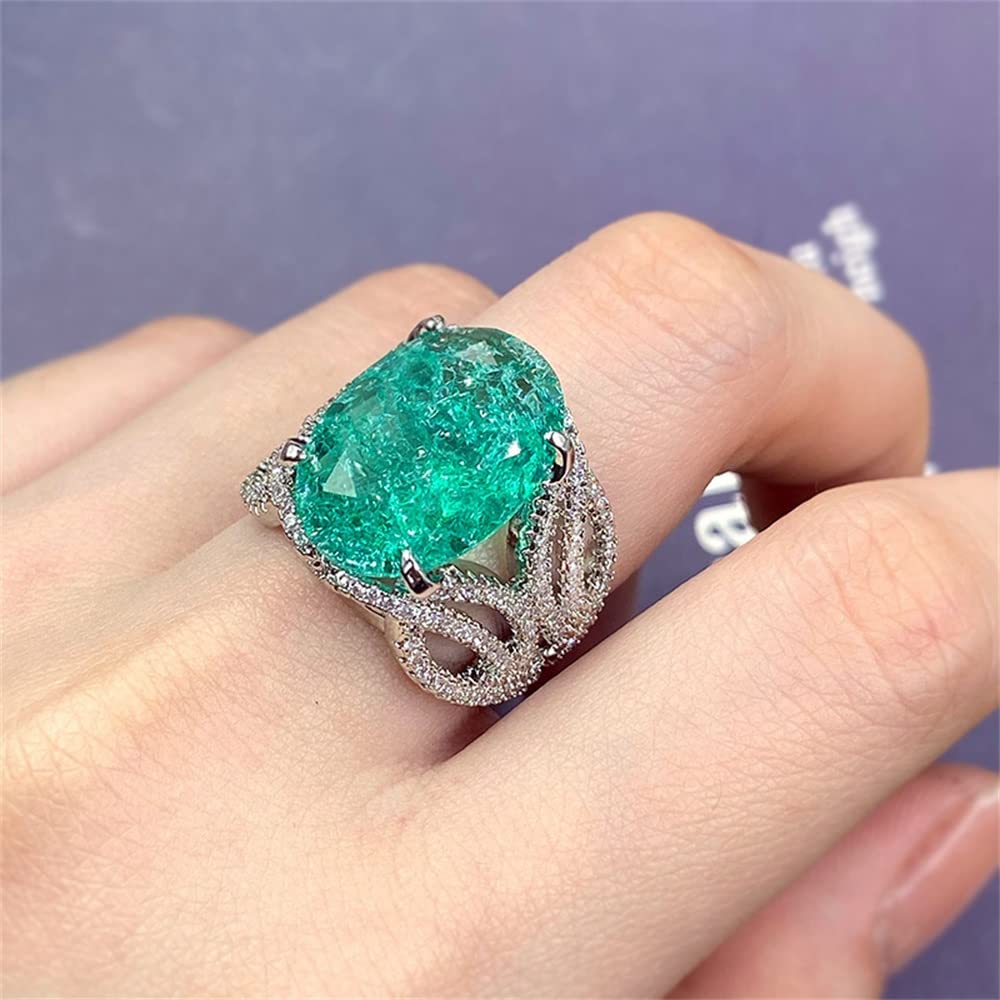 Vintage 925 Sterling Silver Full Diamond Ring Oval Cut Large Carat Green Gem Promise Rings CZ Diamond Multi Row Eternity Engagement Wedding Band Ring for Women HM428 (10)