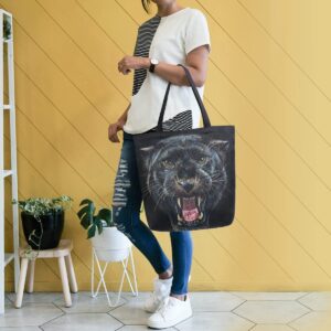 ALAZA Roaring Panther Animal Print Black Large Canvas Tote Bag Shopping Shoulder Handbag with Small Zippered Pocket