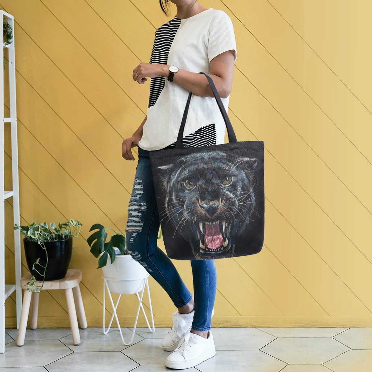 ALAZA Roaring Panther Animal Print Black Large Canvas Tote Bag Shopping Shoulder Handbag with Small Zippered Pocket