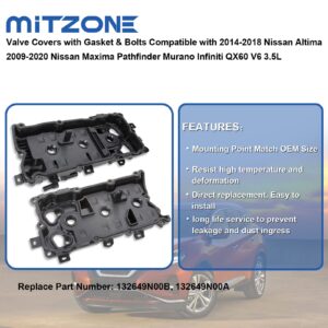 MITZOEN Valve Covers with Gasket & Bolts Compatible with 2014-2018 Nissan Altima 2009-2020 Nissan Maxima Pathfinder Murano Infiniti QX60 V6 3.5L Replace # 13264-9N00A 13264-9N00B