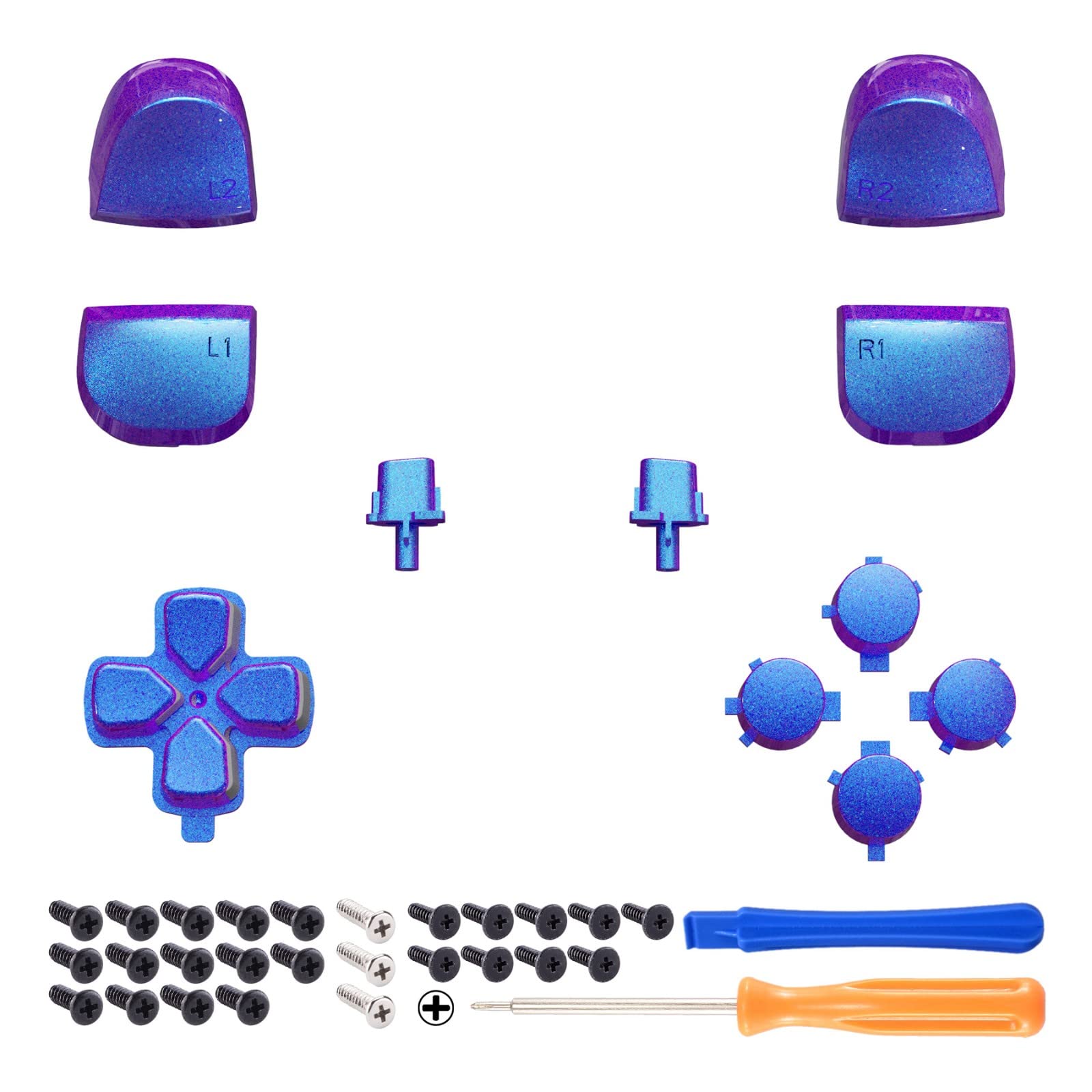 eXtremeRate Replacement D-pad R1 L1 R2 L2 Triggers Share Options Face Buttons, Chameleon Purple Blue Full Set Buttons Compatible with ps5 Controller BDM-010 & BDM-020