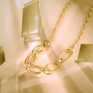 Gold Cable Link Pendant Necklace: 14k Gold Plated Loop Chain Link Statement Choker Necklace for Women - Chunky Fashion Double Oval Hoop Pendant Jewelry - Simple Elegant Women Gift (Gold)