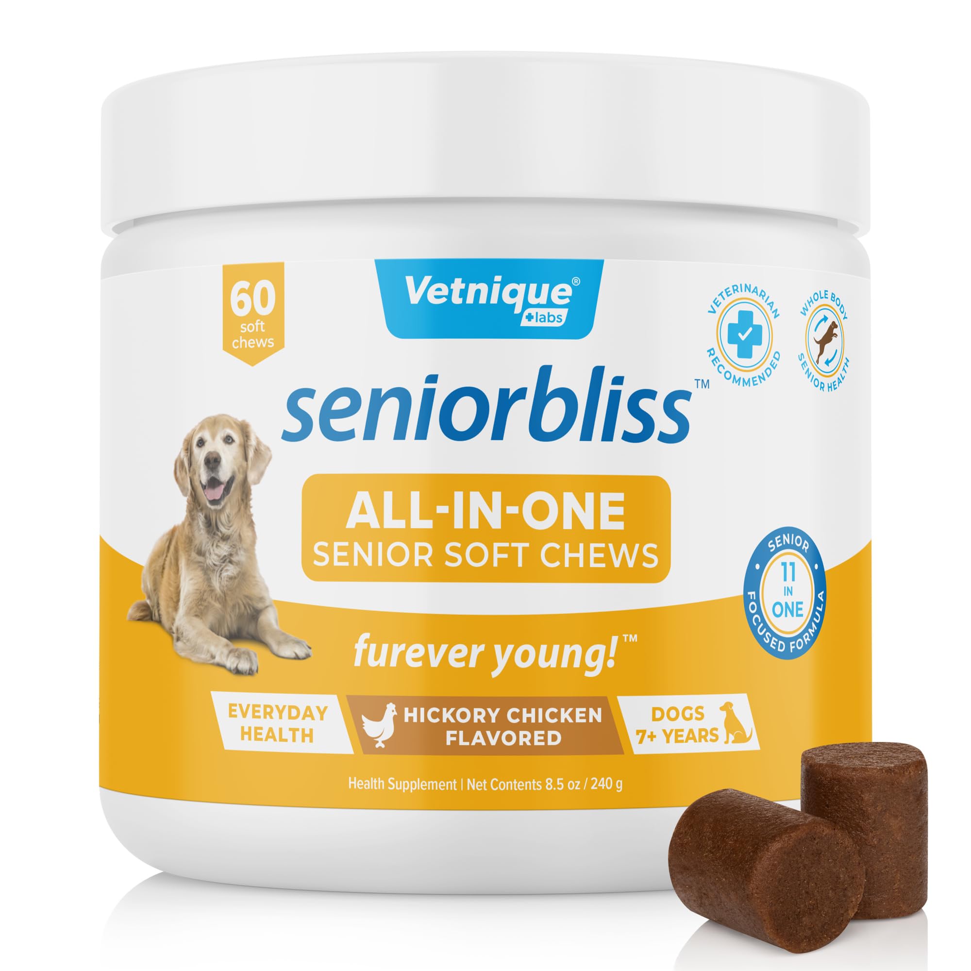 Vetnique Seniorbliss Senior Dog Multivitamin with Glucosamine, Omega 3 Fish Oil, and Probiotics - for Dog Joints, Digestive and Immune Support for Optimal Health (All-in-One Daily Vitamin, 60ct)