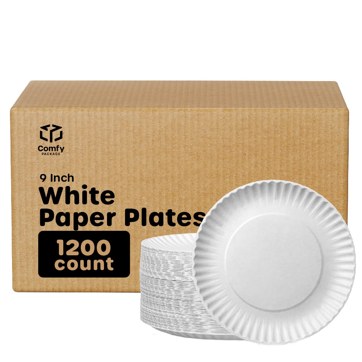 Comfy Package [Case of 300 9 Inch Uncoated White Paper Plates - Disposable Party Plates, Decorative Paper Plates for Crafts