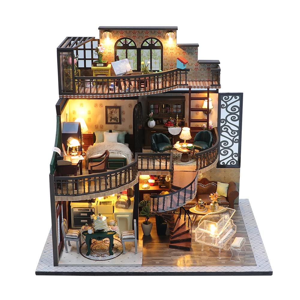 WYD Mini Doll House Kit Dream Building Pavilion Building Model DIY Mini Wooden Furniture Kit LED Lights Dust cover and Music Box Exquisite Decorations Creative Room Creative Gifts