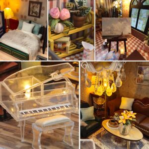 WYD Mini Doll House Kit Dream Building Pavilion Building Model DIY Mini Wooden Furniture Kit LED Lights Dust cover and Music Box Exquisite Decorations Creative Room Creative Gifts