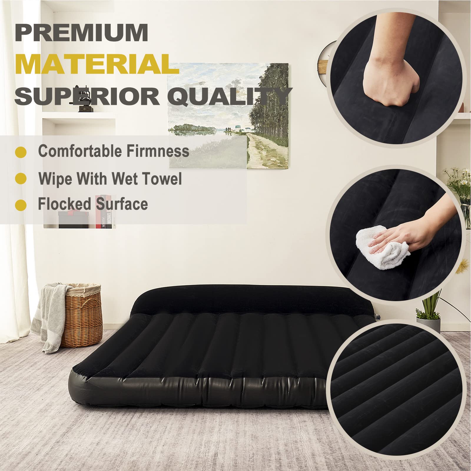 DIMAR GARDEN King Size Camping Air Mattress Inflatable Bed Blow Up Mattresses with Pillow,Black