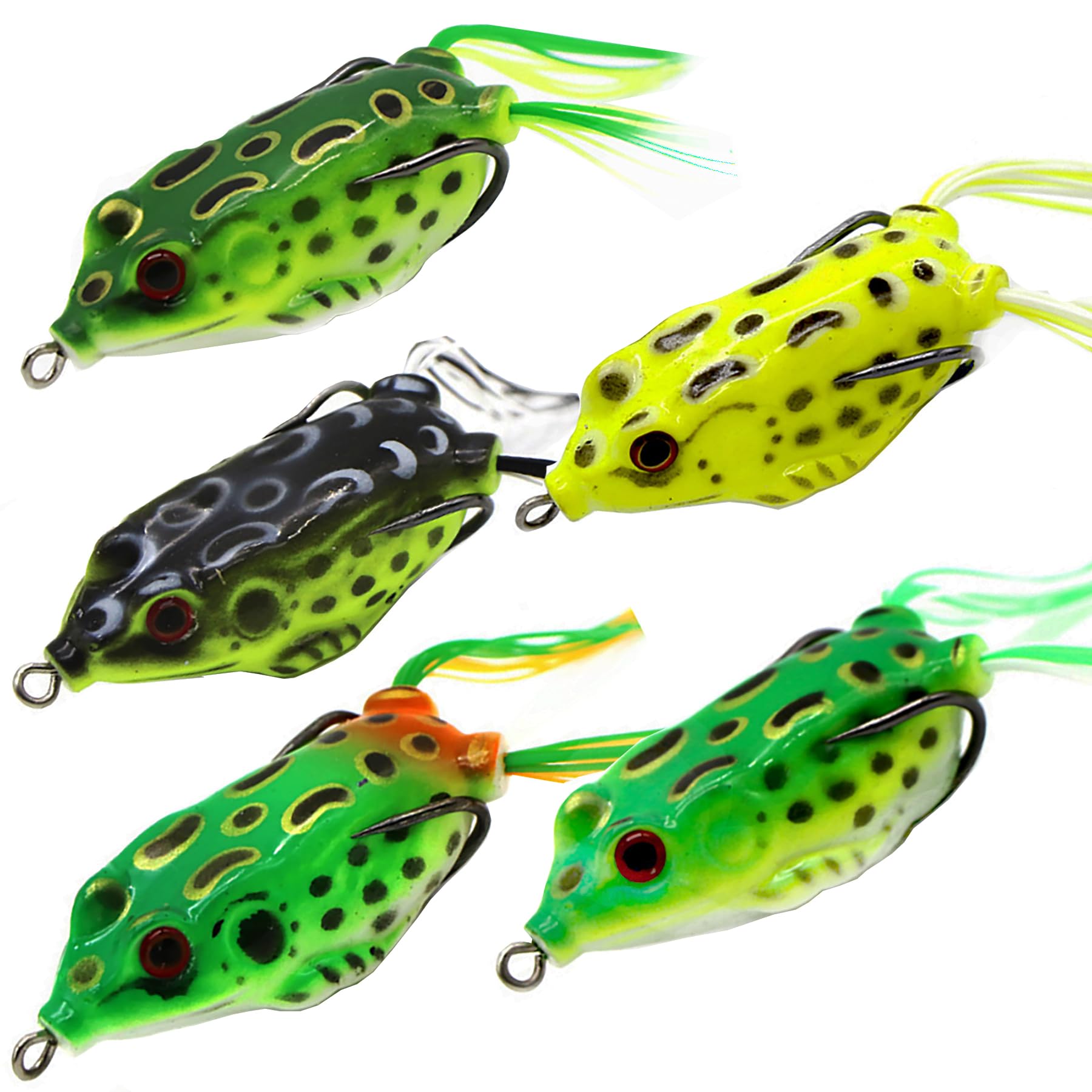 Kmucutie 5 Pcs Topwater Frog Lures Sets with Bait Box, Frog Fishing Crankbait Lures, Soft Bait for Bass Snakehead, Freshwater Soft Simulated Frog Bait (5 cm / 8 g, 5 Pieces Mix Colors A)