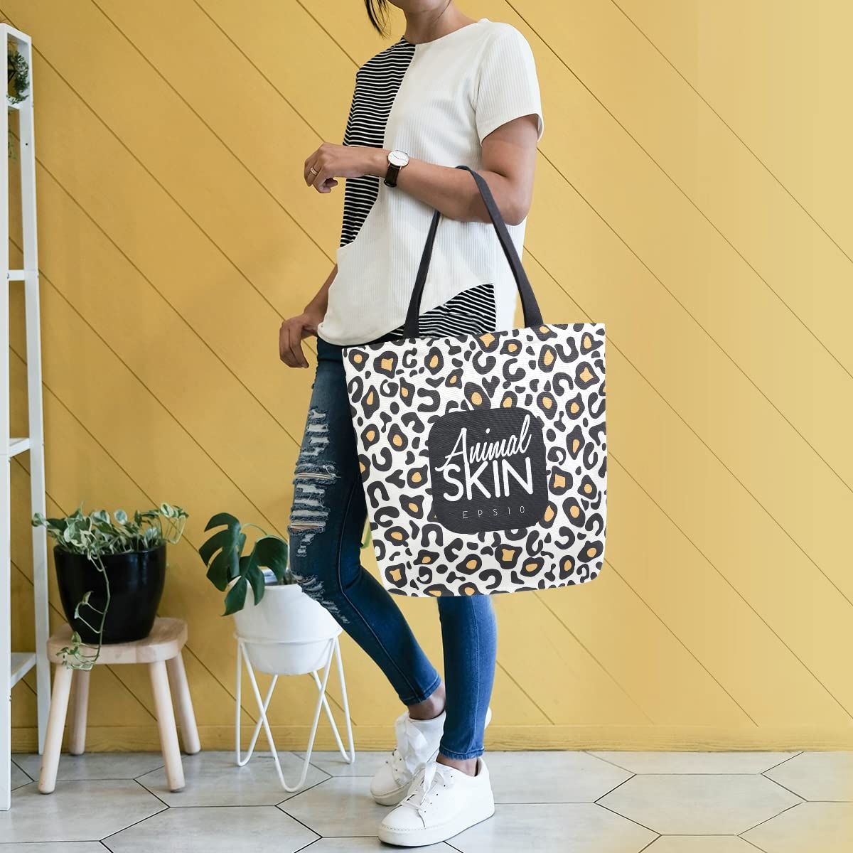 ALAZA Leopard Print Animal Skin Large Canvas Tote Bag Shopping Shoulder Handbag with Small Zippered Pocket