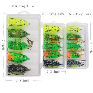 Kmucutie 5 Pcs Topwater Frog Lures Sets with Bait Box, Frog Fishing Crankbait Lures, Soft Bait for Bass Snakehead, Freshwater Soft Simulated Frog Bait (5 cm / 8 g, 5 Pieces Mix Colors A)