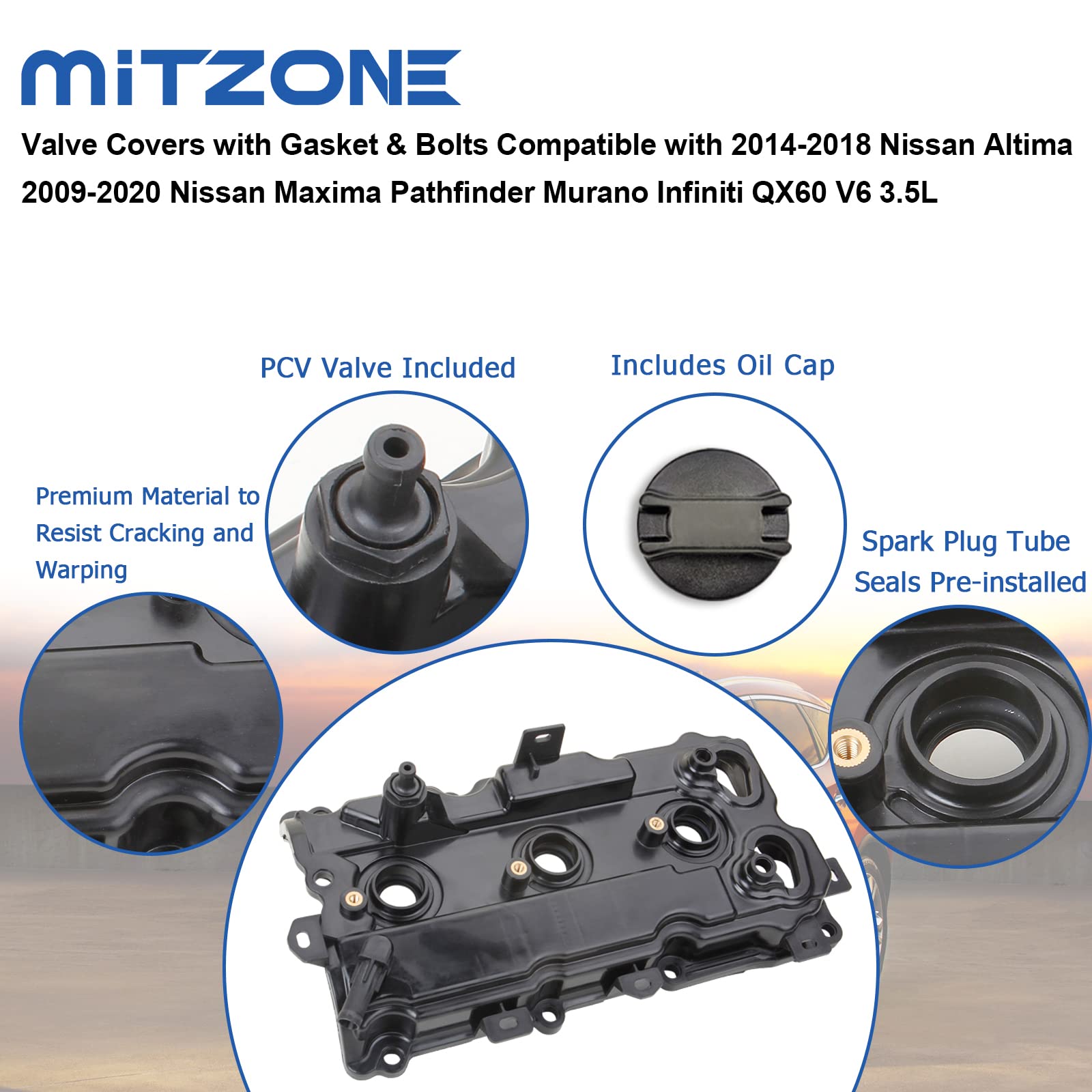 MITZOEN Valve Covers with Gasket & Bolts Compatible with 2014-2018 Nissan Altima 2009-2020 Nissan Maxima Pathfinder Murano Infiniti QX60 V6 3.5L Replace # 13264-9N00A 13264-9N00B