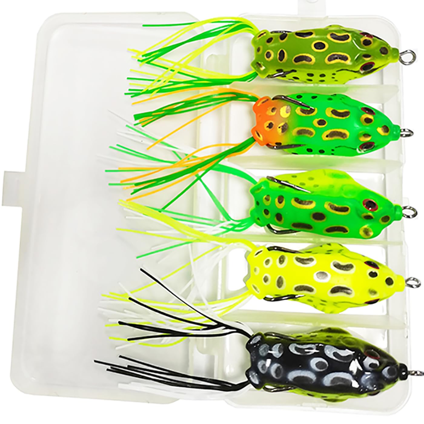 Kmucutie 5 Pcs Topwater Frog Lures Sets with Bait Box, Frog Fishing Crankbait Lures, Soft Bait for Bass Snakehead, Freshwater Soft Simulated Frog Bait (5 cm / 8 g, 5 Pieces Mix Colors A)