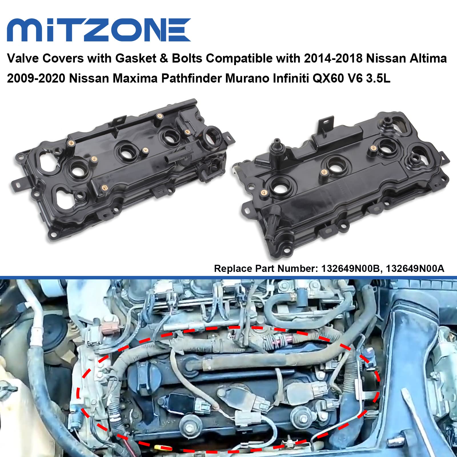 MITZOEN Valve Covers with Gasket & Bolts Compatible with 2014-2018 Nissan Altima 2009-2020 Nissan Maxima Pathfinder Murano Infiniti QX60 V6 3.5L Replace # 13264-9N00A 13264-9N00B