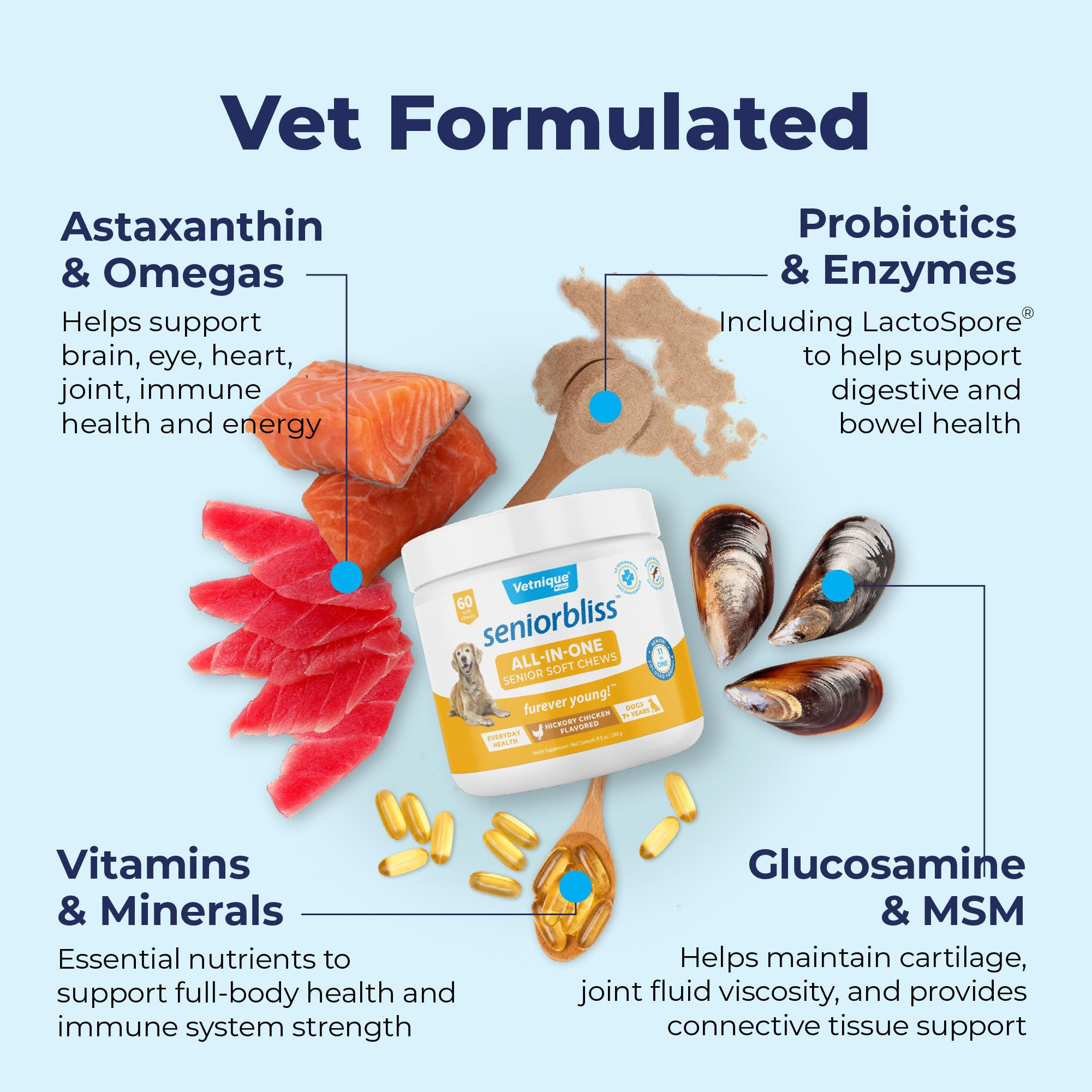 Vetnique Seniorbliss Senior Dog Multivitamin with Glucosamine, Omega 3 Fish Oil, and Probiotics - for Dog Joints, Digestive and Immune Support for Optimal Health (All-in-One Daily Vitamin, 60ct)