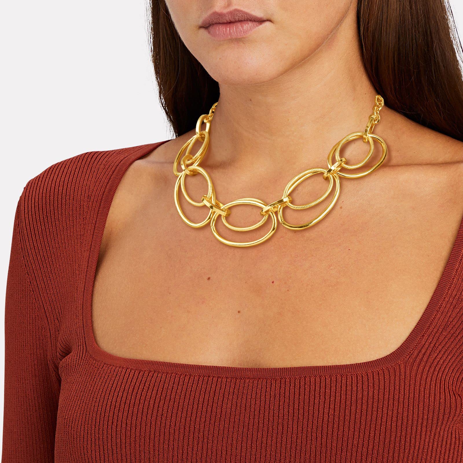 Gold Cable Link Pendant Necklace: 14k Gold Plated Loop Chain Link Statement Choker Necklace for Women - Chunky Fashion Double Oval Hoop Pendant Jewelry - Simple Elegant Women Gift (Gold)