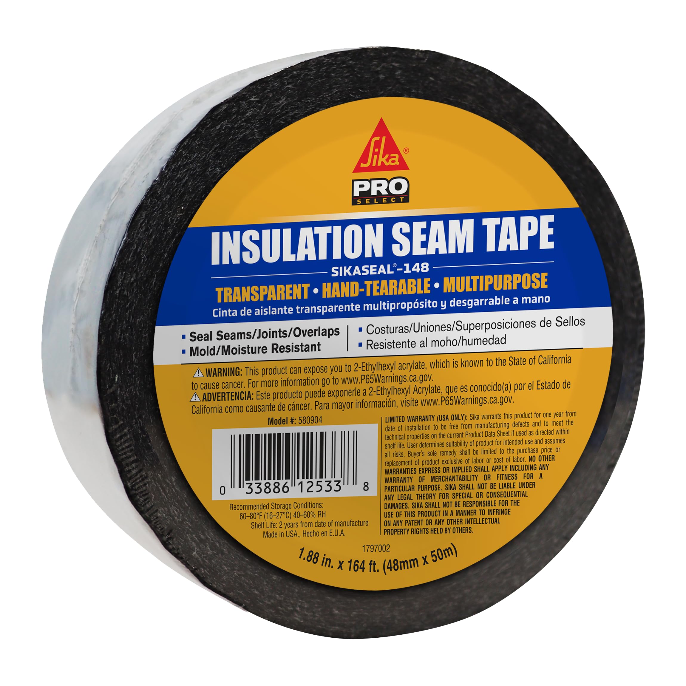 SIKA SikaSeal-148 - Insulation Seam Tape - Clear - Multipurpose, Hand-tearable Acrylic Adhesive - Indoor and Outdoor use - 2-in. x 164 ft.