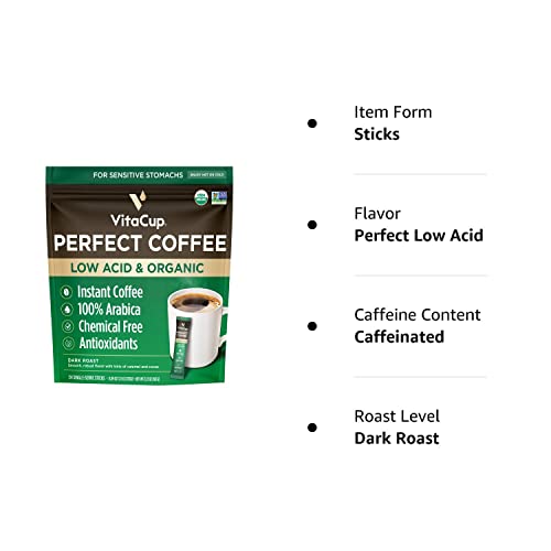 VitaCup Perfect Low Acid Instant Coffee Packets, Dark Roast Coffee, USDA Organic & Fair Trade, Third Party Tested for Mycotoxins & Pesticides, Single Origin, Clean & Pure, 24 ct