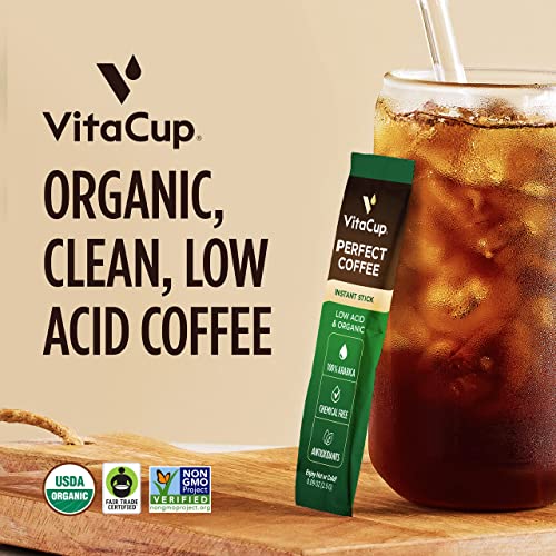 VitaCup Perfect Low Acid Instant Coffee Packets, Dark Roast Coffee, USDA Organic & Fair Trade, Third Party Tested for Mycotoxins & Pesticides, Single Origin, Clean & Pure, 24 ct