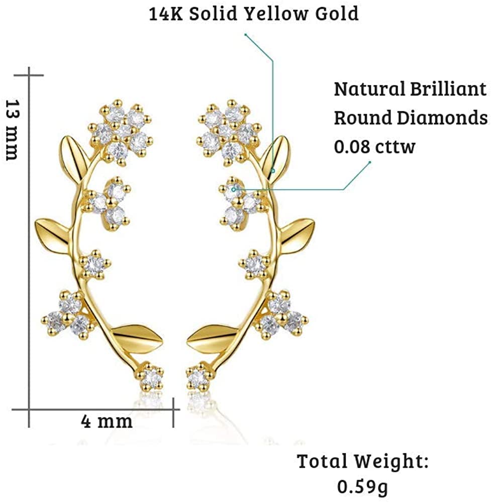 FANCIME Mothers Day Gifts 14K Solid Yellow Gold 0.08cttw Diamond Small Tiny Minimalist Flower Post Earrings Fine Jewelry for Women