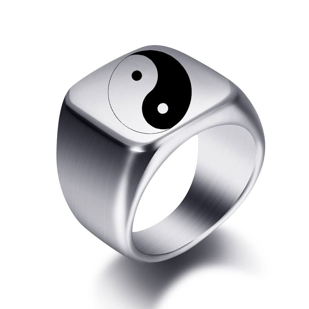 Tai Chi Yin Yang Band Ring Stainless Steel Ba Gua Balance Taoism Zen Spirit Talisman Signet Religion Statement Signet Chunky Biker Band Cool Wide Thumb Middle Knuckle Finger Ring Fashion Jewelry for