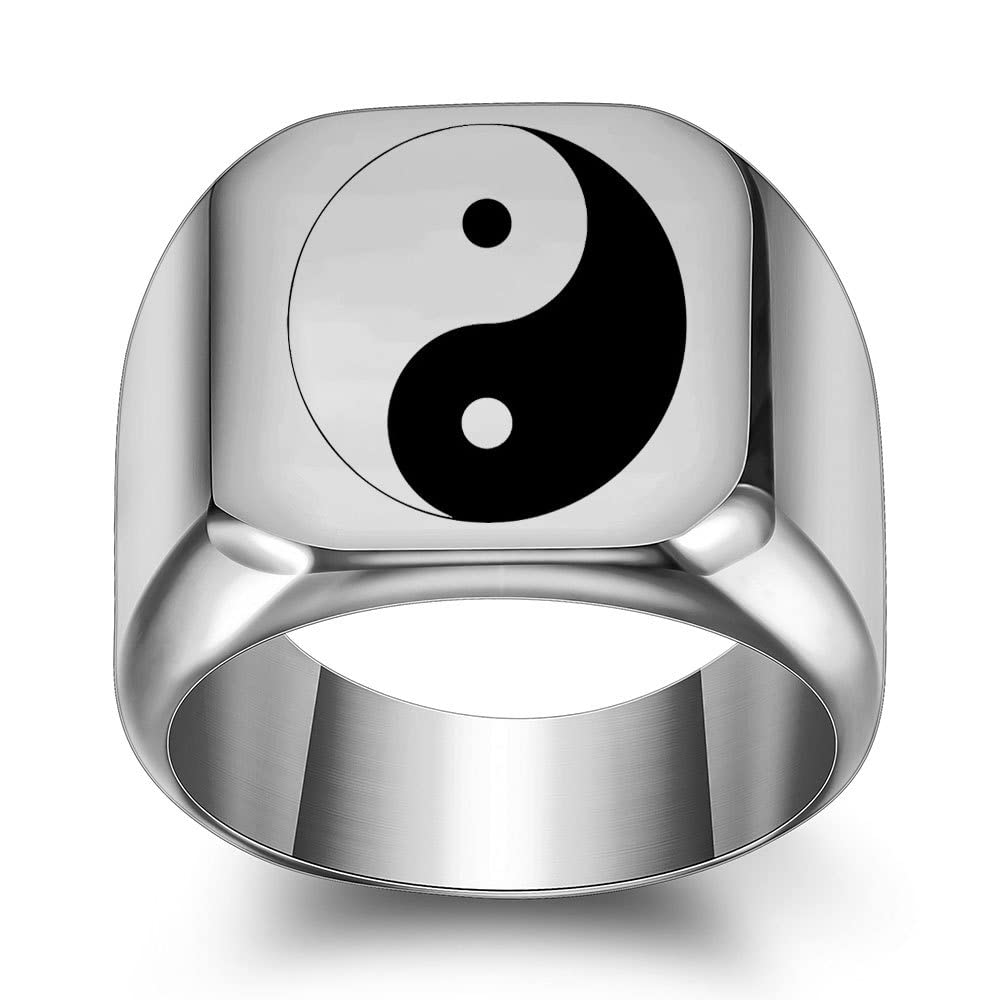 Tai Chi Yin Yang Band Ring Stainless Steel Ba Gua Balance Taoism Zen Spirit Talisman Signet Religion Statement Signet Chunky Biker Band Cool Wide Thumb Middle Knuckle Finger Ring Fashion Jewelry for