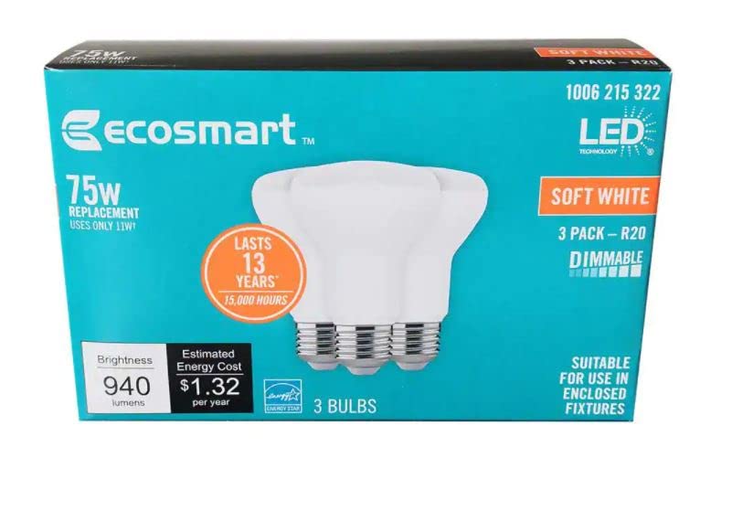 EcoSmart 75-Watt Equivalent R20 Dimmable Energy Star LED Light Bulb Soft White 2700K (3-Pack), R20-1D 11W E26 120V