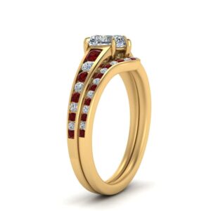 Gemsonclick Graduated Channel Setting Diamond Wedding yellow gold plated Created Ruby Heart shape Red color Wedding Engagement Birthstone Stackable Ring in Size 8