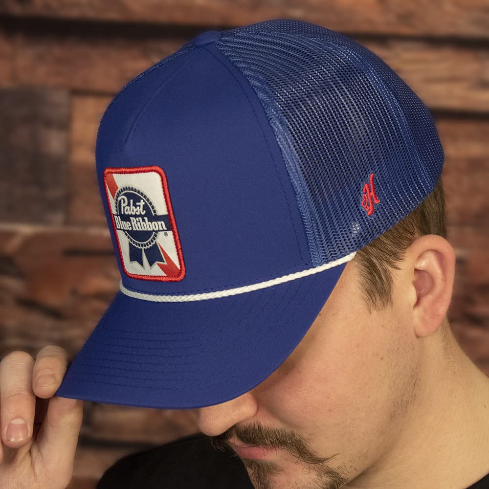 HOOEY Officially Licensed Pabst Blue Ribbon Adjustable Snapback Mesh Back Trucker Hat (Blue)