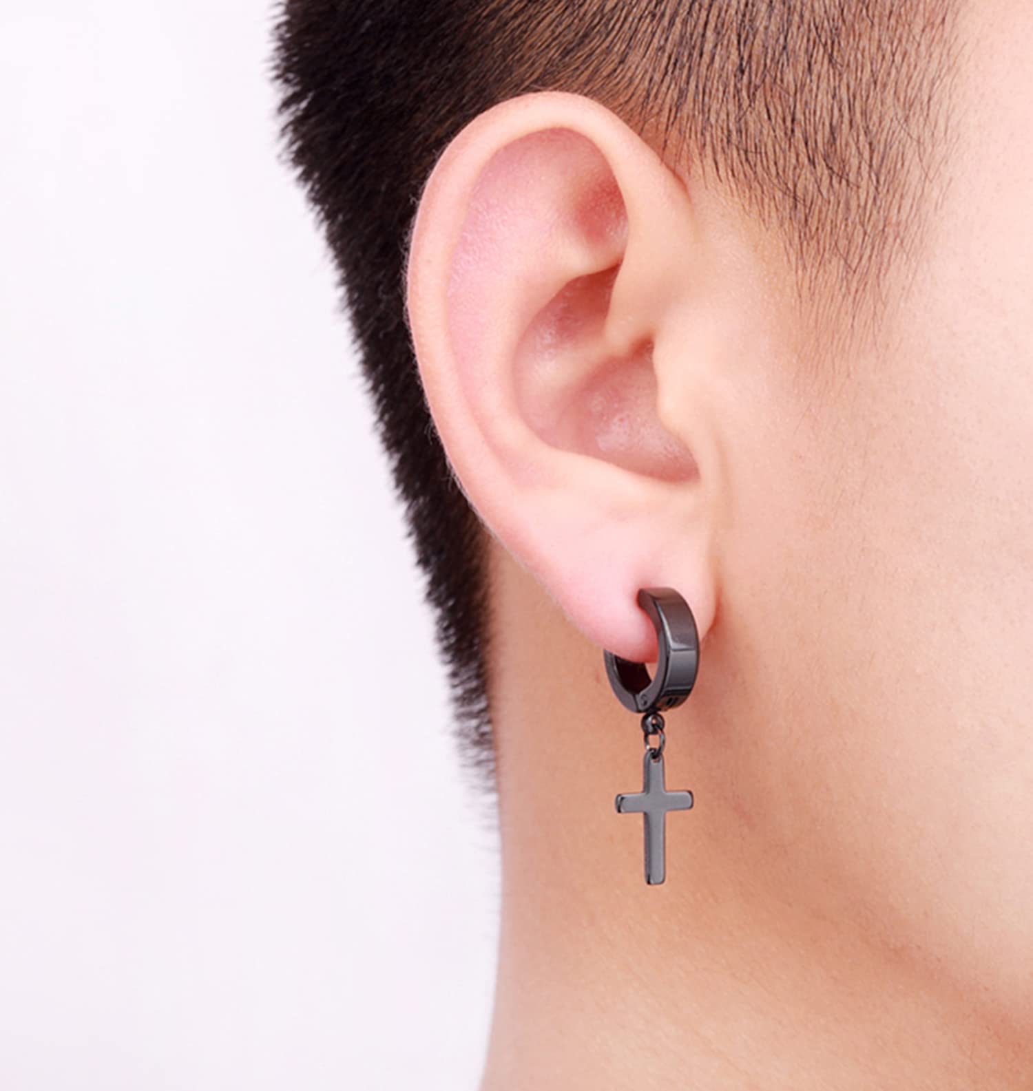 Stainless Steel Cross Earrings Set for Men Women Dangle Hinged Men Women Earrings Silver Gold Black (1 Pari Black)