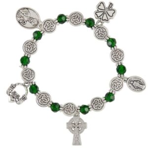 irish charm rosary bracelet with green glass beads, crucifix, claddagh ring, four leaf clover, st patrick, and miraculous medal charms, 7.5 inches