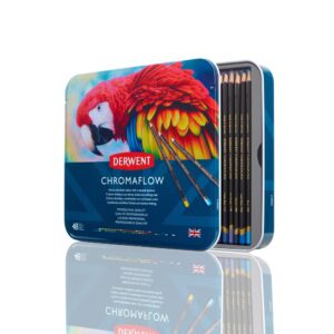 derwent chromaflow colored pencils tin, set of 48, great for holiday gifts, 4mm wide core, multicolor, smooth texture, art supplies for drawing, blending, sketching, professional quality (2306013)