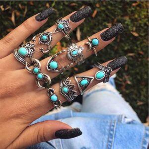 HSQYJ 11Pcs Vintage Silver Stacking Knuckle Rings Set Bohemian Gothic Turquoise Midi Animal Rings Sets for Women Girls Jewelry Accessories (11Pcs Turquoise Animal Set)