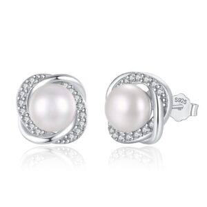 pearl earrings for women freshwater cultured pearl stud earrings 925 sterling silver cubic zirconia stud earrings for mother her (silver)