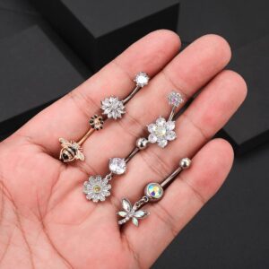 14G Cute Bee Daisy Flower Belly Button Rings for Women Stainless Steel Dainty Cubic Zirconia Crystal Dragonfly Navel Piercing Barbell Studs Belly Bar Fashion Jewelry Gifts BFF (Bee)