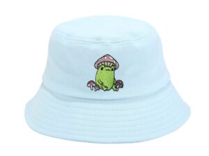 enodtter frog with mushroom hat cottagecore embroidered bucket hats, light blue summer travel embroidery beach sun hat outdoor fisherman cap