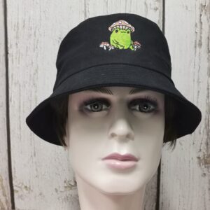 Enodtter Frog with Mushroom Embroidered Bucket Hat for Men Women Girl, Black Summer Travel Fisherman Beach Sun Hat Embroidery Outdoor Cap Unisex