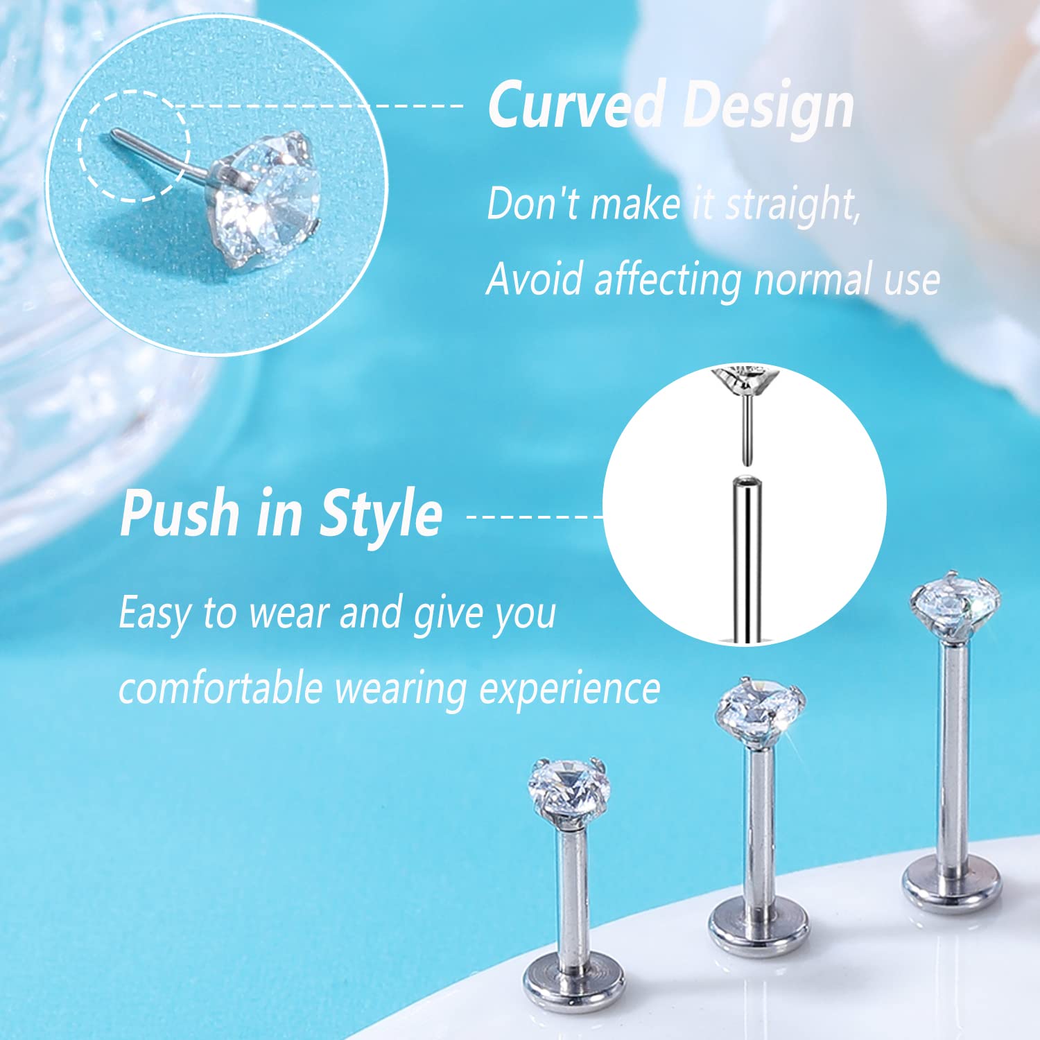 ZS 16G Stainless Steel Pushin Lip Rings, Colorful CZ Forward Helix Earring, Length 6/8/10mm Labret Monroe Medusa Piercing Jewelry for Women Men (E-CZ:3mm,L:10mm)